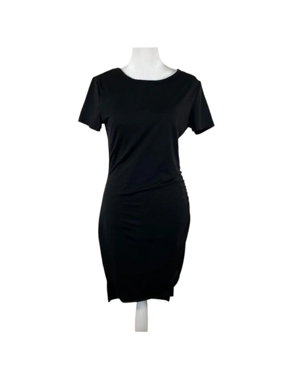 BTFBM Black Ruched Bodycon Jersey T-Shirt Midi Dress Asymmetrical Hem Sz Small - Picture 4 of 15